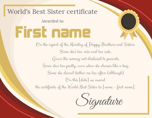 Certificate Best Sister Brown Red template