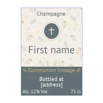 label bottle champagne communion blue brown cross flower alcohol 