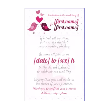wedding announcement invitation heart bird mauve rose 