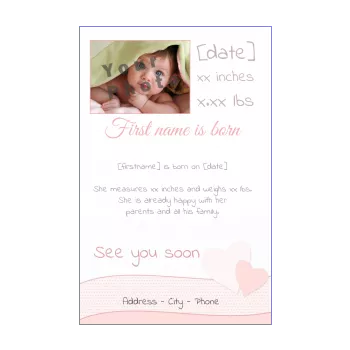 announcement birth heart baby girl ribbon rose 