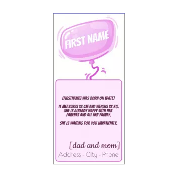 announcement birth baby balloon girl rose 