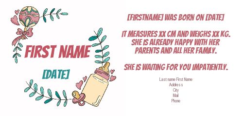Announcement Birth Baby Bottle Girl free template
