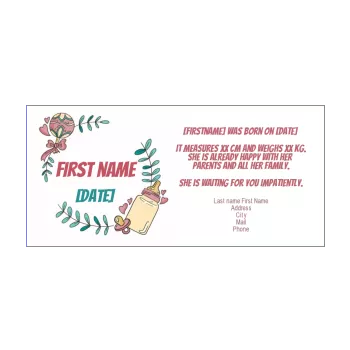 announcement birth baby bottle girl leaf wreath 