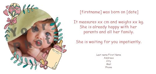 Announcement Birth Baby Bottle Girl with photo virtual