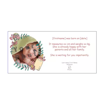 announcement birth baby bottle girl leaf wreath 