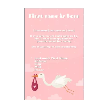 announcement birth heart baby girl rose storks 