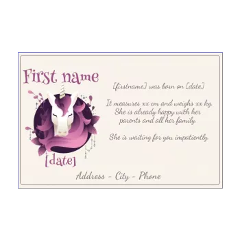 announcement birth unicorn baby girl mauve 