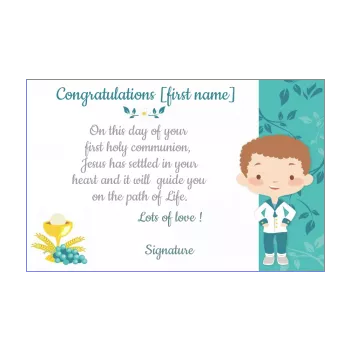 card congratulations communion blue boy drawing flower 