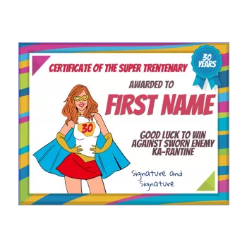 funny birthday card certificate 30 years super hero women 