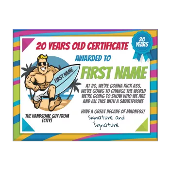 funny birthday card certificate 20 years beach drawing surf 