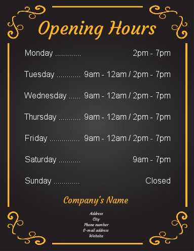 Poster Opening Hours Restaurant Shop Black template (card 3158)