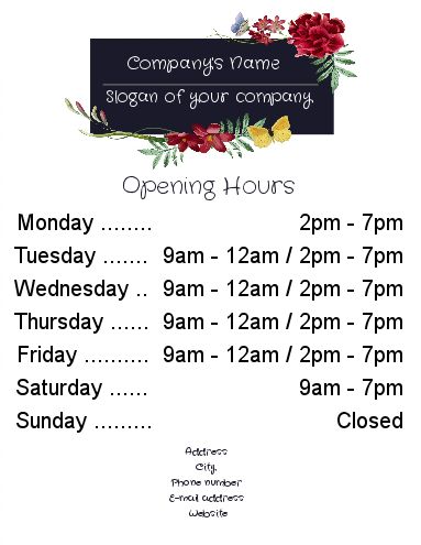 Poster Shop Restaurant Opening Hours Flower template (card ...