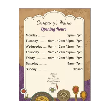 poster opening hours restaurant shop brown indian mauve 