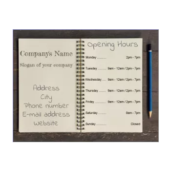poster notebook opening hours restaurant shop pencil grey wood 