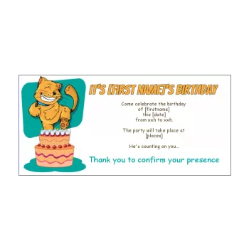 birthday card invitation cat brown cake drawing green kid 