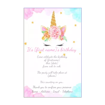 birthday card invitation unicorn kid rose girl animals 