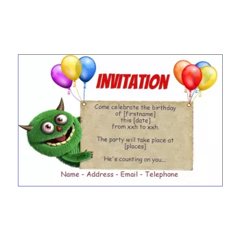 birthday card invitation balloon green kid monster 