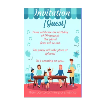 birthday card invitation dinner balloon blue cake kid 