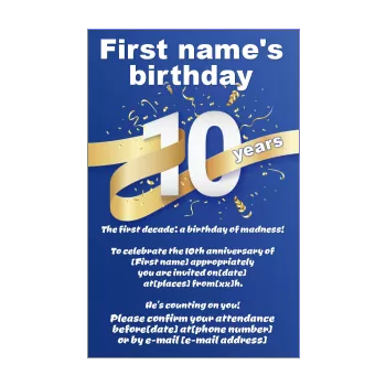 birthday invitation 10 years golden blue ribbon 