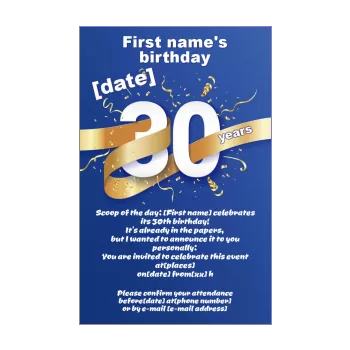 birthday invitation 30 years golden blue ribbon 