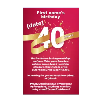 birthday invitation 40 years golden red ribbon 