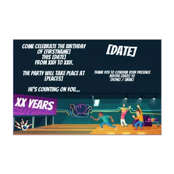 birthday card invitation bowling blue drawing kid man women 