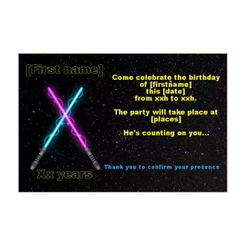 birthday card invitation black kid laser sword star 
