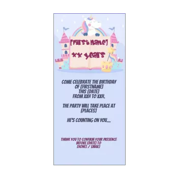 birthday card invitation unicorn blue castle girl kid 