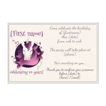 birthday card invitation unicorn kid mauve 