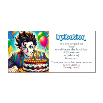 birthday card invitation manga balloon cake candle man 