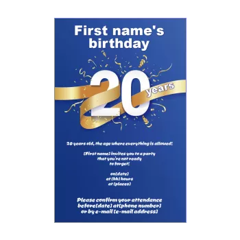 birthday invitation 20 years golden blue ribbon 