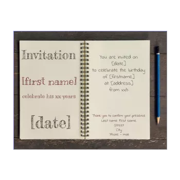 birthday card invitation notebook pencil grey wood 