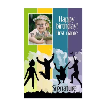 happy birthday card blue dance green kid mauve yellow 