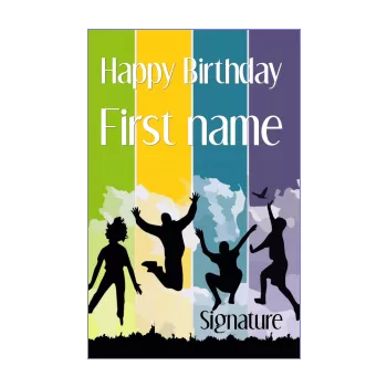 happy birthday card blue dance green kid mauve yellow 
