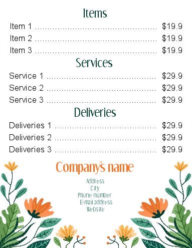 Poster List Price Florist Drawing template