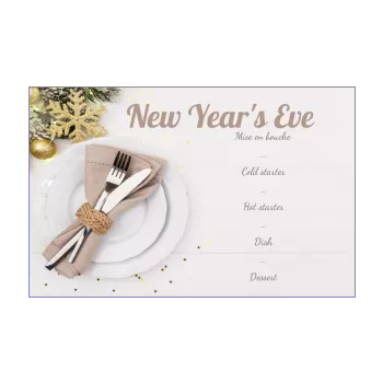 menu new year dinner party ball fork white wood 