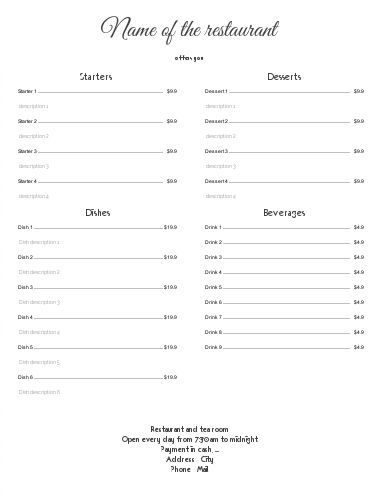 Card Menu Restaurant Elegant White template