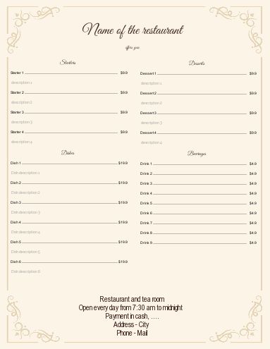 Card Menu Restaurant Elegant Yellow template