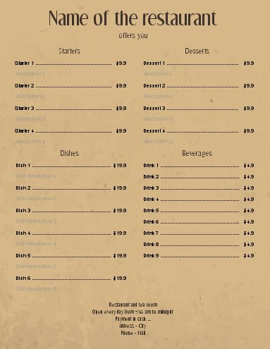 Card Menu Restaurant Brown template
