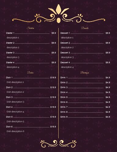 Card Menu Restaurant Golden Elegant template