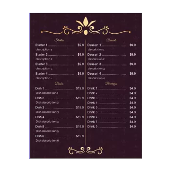card menu restaurant golden elegant mauve 