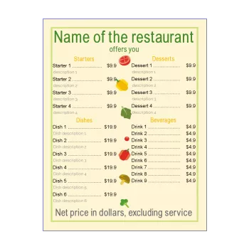 card menu restaurant vegetable green orange yellow 