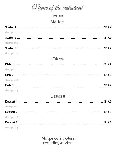 Card Menu Restaurant Elegant White template