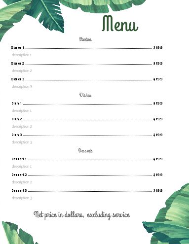 Card Menu Restaurant Flower Green template