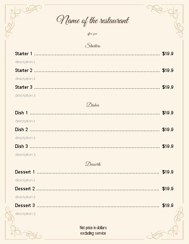 Card Menu Restaurant Elegant Yellow template