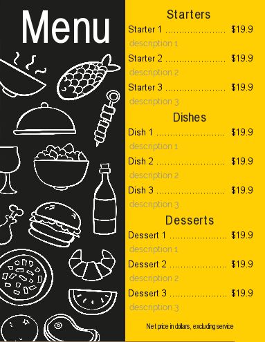 Card Menu Restaurant Black Yellow template