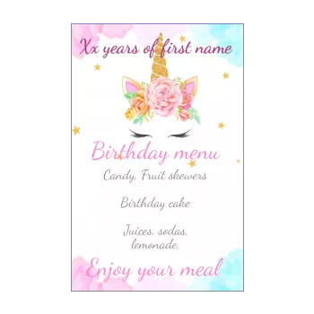 birthday menu unicorn girl rose animals 