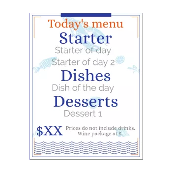 card menu restaurant blue fish orange 