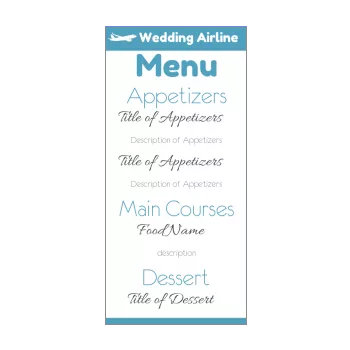 wedding menu ticket plane blue 