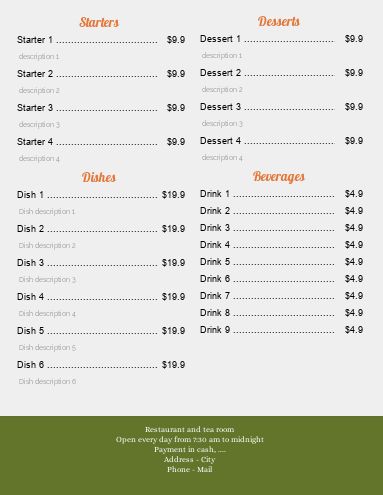 Card Menu Restaurant Green Grey template